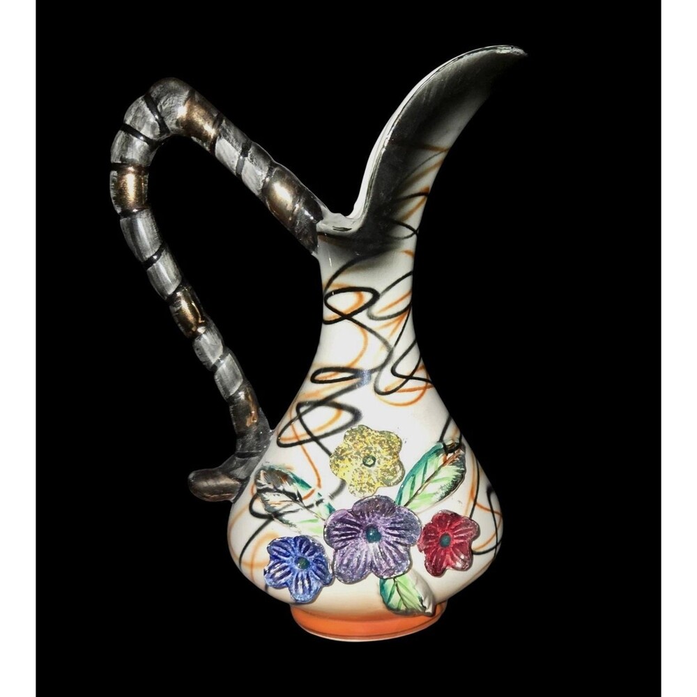 Vintage Rossini Japan Pitcher Vase Applied Relief Flowers Swirls Hand Painted 8”
